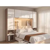 Parisot Bedbrug Ponte 265cm met twee nachttafeltjes en LED-verlichting - hoogglans wit/eikdecor