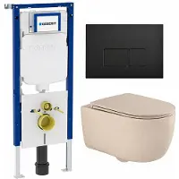 Geberit QeramiQ Dely Swirl Toiletset - 36.3x51.7cm - UP720 Duofix Sigma inbouwreservoir - slim zitting - mat zwarte metalen bedieningsplaat - rechthoekige knoppen - beige