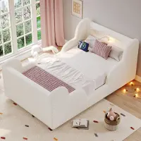OKWISH Kinderbed 90x200 cm - Gestoffeerd Bed Met Nachtlicht En USB C Aansluiting - Met Opbergvakken - Zonder Matras - Beige