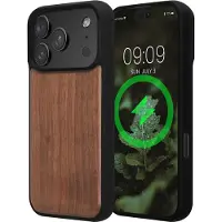 Kwmobile Echt Houten Beschermhoes voor Apple iPhone 17 Pro – Hout & TPU Cover – donkerbruin walnoothout