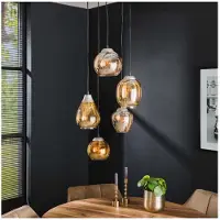 Meubelplaats Hanglamp 5 Lampen - Philip Mix - 5 lichts - Amberkleurig Glas - Ovaal - Woonkamer - Keuken - In Hoogte Verstelbaar - Exclusief Lichtbron - Voedingstype Netstroom