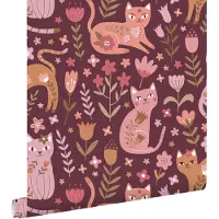 ESTAhome behang katjes aubergine paars en roze - 50 x 900 cm - 132183