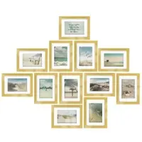 Bomoe Ocean Set van 12 Fotolijsten Houten Picture Frames – 12 x 13x18cm – Kunststof glas Fotolijst van Hout - Metalen Ophanging - Standaard & Passepartout - Goud
