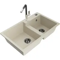Mexen Tomas granieten spoelbak met 2 kamers en keukenmengkraan Flora, beige - 6516-69-670401-07-B