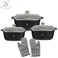 ROYAL SWISS Pannenset – 6-delig – Vierkante Kookpotten 20/24/28 cm – Marmeren Antiaanbaklaag – Geschikt voor Inductie & Alle Kookplaten – Met Glazen Deksel إ