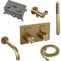 Brauer Carving Inbouw Badthermostaat - Drukknoppen - Baduitloop - Staafhanddouche - Geborsteld Goud PVD - Kranen, Douchekranen, Inbouw Douchekranen - Kranen, Douchekranen, Inbouw douchekranen