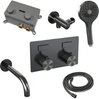 Brauer Gunmetal Carving thermostatische inbouw badkraan met drukknoppen SET 04 met uitloop en 3-standen handdouche en doucheslang en wandaansluitbocht gunmetal geborsteld PVD