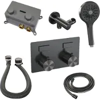 Brauer Gunmetal Carving thermostatische inbouw badkraan met drukknoppen SET 04 met badvulcombinatie en 3-standen handdouche en doucheslang en wandaansluitbocht gunmetal geborsteld PVD
