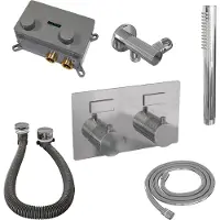 Brauer Chrome Carving thermostatische inbouw badkraan met drukknoppen SET 03 met badvulcombinatie en staaf handdouche en doucheslang en wandaansluitbocht chroom