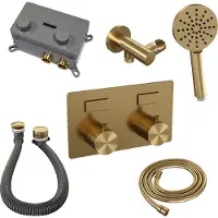 Brauer Carving Inbouw Badthermostaat - Drukknoppen - Badafvoer/vulcombinatie - 3-standen Handdouche - Geborsteld Goud PVD - Kranen, Douchekranen, - Kranen, Douchekranen, Inbouw douchekranen