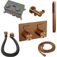 Brauer Carving Inbouw Badthermostaat - Drukknoppen - Badafvoer/vulcombinatie - Staafhanddouche - Geborsteld Koper PVD - Kranen, Douchekranen, Inbouw - Kranen, Douchekranen, Inbouw douchekranen