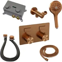 Brauer Carving Inbouw Badthermostaat - Drukknoppen - Badafvoer/vulcombinatie - 3-standen Handdouche - Geborsteld Koper PVD - Kranen, Douchekranen, - Kranen, Douchekranen, Inbouw douchekranen