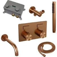 Brauer Carving Inbouw Badthermostaat - Drukknoppen - Baduitloop - Staafhanddouche - Geborsteld Koper PVD - Kranen, Badkranen, Inbouw Badkranen
