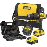 Stanley FATMAX V20 18V Brushless Schroef-/klopboormachine + Rolmeter, Waterpas en Bitset in koffer (met 2x 2.0Ah accu en lader) SFMCK101D2T-QW