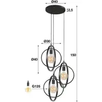 Meubelplaats Hanglamp 3 Lampen - Turn Around - Metaal - Getrapt - Charcoal - Woonkamer - Keuken - Industrieel - Max. Wattage: 40 - In Hoogte Verstelbaar - E27 Fitting - Voedingstype Netstroom