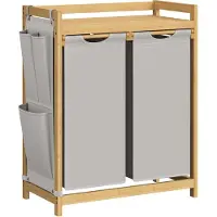 Songmics - Wasmand - 2 Vakken - Bamboe - 100 L - Wassorteerder - Met Legplank - Kleine Zijvakken - 2 x 50 L