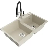 Mexen Tomas granieten gootsteen met 2 compartimenten en Duo keukenmengkraan, beige - 6516-69-671701-07