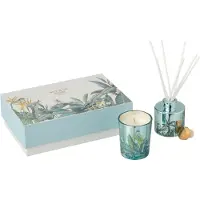 J-Line geschenkset geurkaars + geurstokjes Walk In The Woods - Woody Blush - glas - blauw
