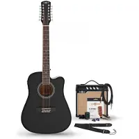 Gear4Music Dreadnought 12 String Electro Acoustic Guitar Black 15W Acoustic Amp & Accessory Pack