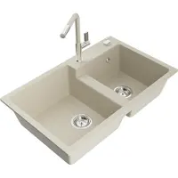 Mexen Tomas granieten gootsteen met 2 kamers en Flora keukenmengkraan, beige - 6516-69-670401-09