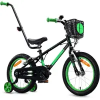 Sun baby Kinderfiets 16 Inch LOVEL Fiets voor Jongen 4-6 Jaar, Max 50 kg - zijwieltjes, mandje, bel, kettingkast, duwstang - Zwart-Groen