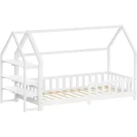 ML-Design Kinderbed huisbed 90x200 cm van grenenhout wit met uitvalbeveiliging plankdak en lattenbodem houten bed