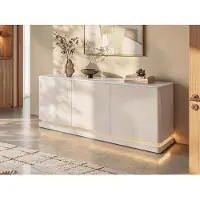 Vente-unique Buffetkast met 3 deurtjes in MDF met ledverlichting - Beige en witte marmereffect - DEVIKA