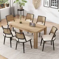 OKWISH Eetkamerstoel Set Van 6 - Met Rotan Rugleuning En PU Zitting - Voor Eetkamer Of Woonkamer - Zwart