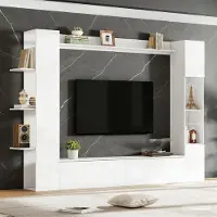 OKWISH Wandmeubel Met Tv-Kast – Hoogglans Opbergruimte Met Vitrine En Open Vakken – Woonkamer – Wit – 228x30x170 cm