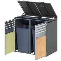 OKWISH afvalcontainer met twee compartimenten, hydraulisch openslaande deksel, afsluitbare deuren, ventilatieopeningen, geschikt voor buitengebruik, staal, grijze houtstructuur