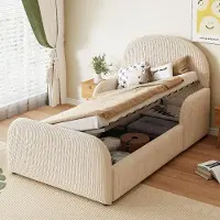 OKWISH Kinderbed 90x200 cm - Gestoffeerd Bed Met Hydraulische Opbergruimte - Veilig Zijhek - Zonder Matras - Beige