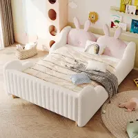 OKWISH Gestoffeerd Bed 140x200 cm - Met Konijnkussens en Wolkvormige Zijkanten - Kinderbed Zonder Matras - Teddypluche - Wit
