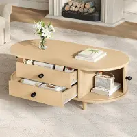MODFU Ronde salontafel, bijzettafel voor de woonkamer met 2 lades en schuifdeuren, met vier massief houten poten, 100x50x36 cm, naturel hout