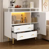 OKWISH Witte moderne dressoir met LED-verlichting en glazen schuifdeuren, woonkamerkast met lades en metalen handgrepen, geschikt voor de woonkamer