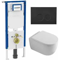 Geberit QeramiQ Dely Swirl Toiletset - 36.3x51.7cm - diepspoel - rimless - UP720 Duofix Sigma inbouwreservoir - 35mm zitting - mat zwarte metalen bedieningsplaat - ronde knoppen - wit mat