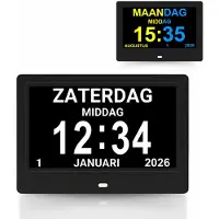 Pitt & co. Dementieklok 15 Inch – Grote Kalenderklok met Datum, Dag en Dagdeel – Analoog & Digitaal – Medicijnalarm en Herinneringen – Seniorenklok voor Alzheimer en Slechtzienden – Zwart