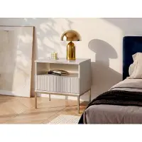Vente-unique Set van 2 nachtkastjes met 1 lade en 1 nis - Met ledverlichting - Mdf en gerookt glas - Beige - OVILA
