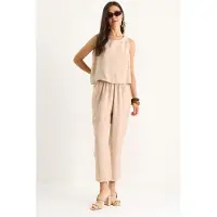 Bianco Mouwloze Crew Neck Blouse en Carrof Fıt Broek Set