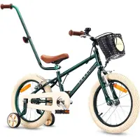 Sun baby Kinderfiets 16 Inch LOVEL Fiets voor Jongen 4-6 Jaar, Max 50 kg - zijwieltjes, mandje, bel, kettingkast, duwstang - Donkergroen