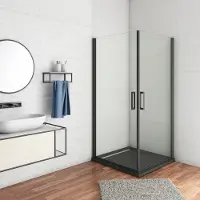 AICA hoekinstap Douchecabine 80x100x200cm met dubbele draaideur-8mm NANO helder veiligheidsglas easy clean-mat zwarte aluminium frame incl. douchebak