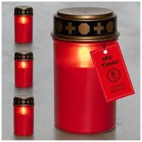 Novaliv LED graflamp met batterij en timer 6/18 rood 4x langdurig LED knippereffect incl. batterijen grafkaarsen begraafplaatskaars gedenkkaars graflantaarn eeuwig licht rouwkaars LED-kaarsen