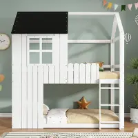 OKWISH Hoogslaper 90x200 cm - Kinderbed In Huisvorm Met Trap En Valbeveiliging - Zonder Matras - Hout - Wit Zwart
