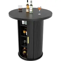 MODFU Ronde Bartafel - Met Opbergruimte En Schuifdeur - Modern - Voor Woonkamer - MDF En Metaal - Zwart - 60 X 60 X 91,6 Cm