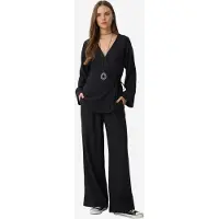 Happiness İstanbul Hoge Taille Wijde Pijpen Broek & V-Hals Blouse met Strikdetails Set