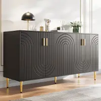 OKWISH Dressoir - Golvend Frontdesign - Eetkamer En Woonkamer - MDF Zwart Met Goudkleurige Grepen - 152×40×75 cm