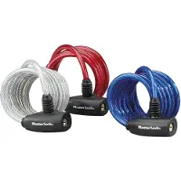 Master Lock 3 coiled cables 1,80mx Ø 8mm - vinyl cover : blue, red & transparent - 8127EURTRI