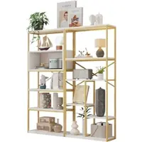 OKWISH Boekenkast - Open Opbergrek Met Meerdere Vakken - Woonkamer En Kantoor - MDF En Metaal Wit Goud - 160x29,5x180 cm