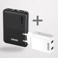 Grixx Powerbank Bundel 5000 mAh + USB Oplader 2x USB-A – 2 USB-poorten – Voor iPhone, Samsung & Smartphones – Wit