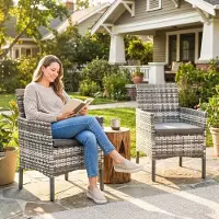 MODFU - Set Van 2 Tuinstoelen - Met Afneembare Kussens En Armleuningen - Voor Terras Of Balkon - Staal En PE-Rattan - Grijs