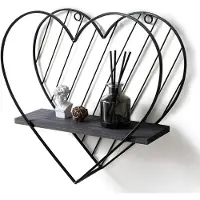 OEM Wandrek, metaal, zwart, hout, zwevende plank, hart, industrierek, wanddecoratie, slaapkamer, badkamer, familie, cadeau, 28 x 30 cm